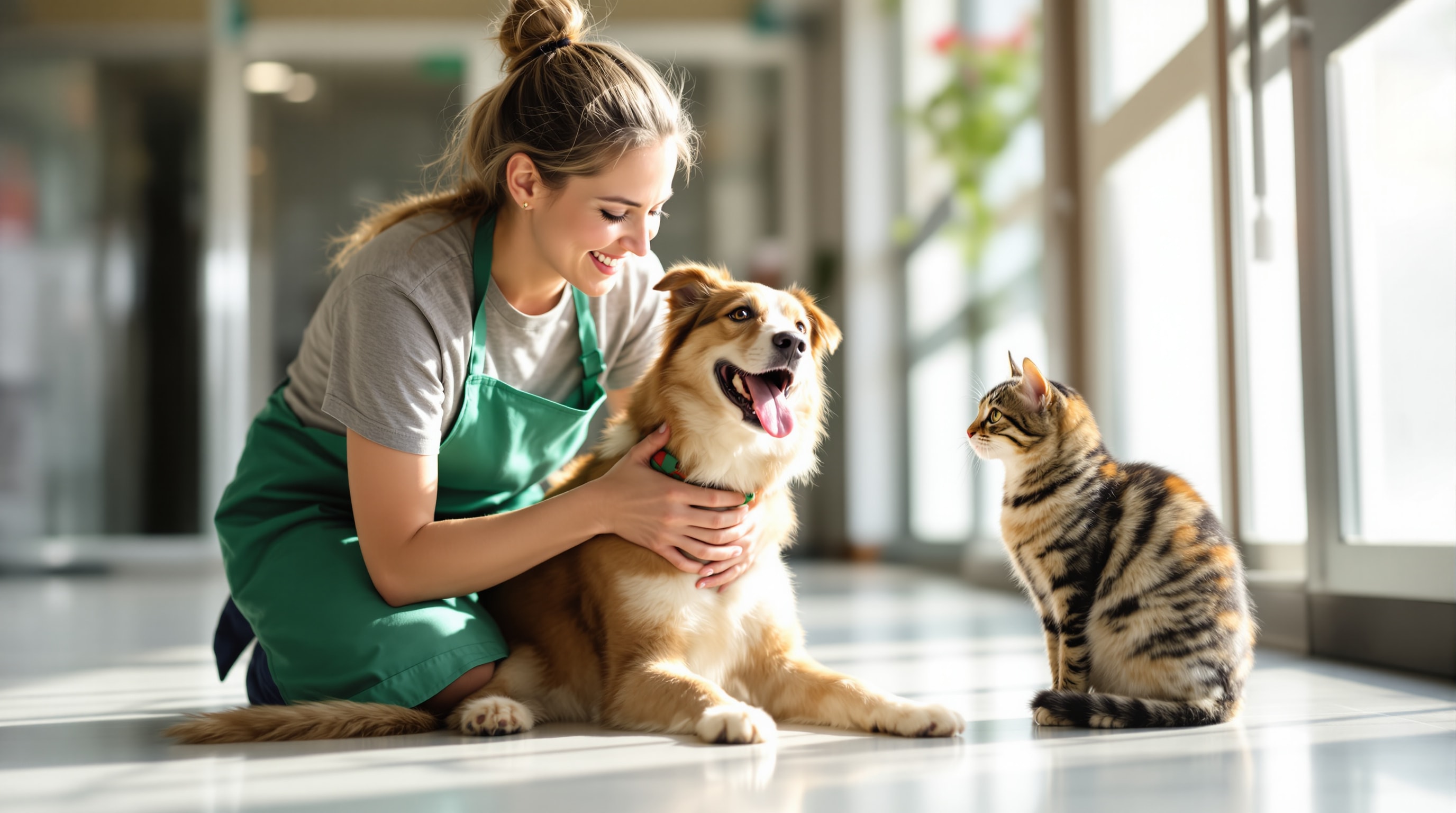 Vrijwilliger met een geadopteerde hond en kat in het dierenopvangcentrum