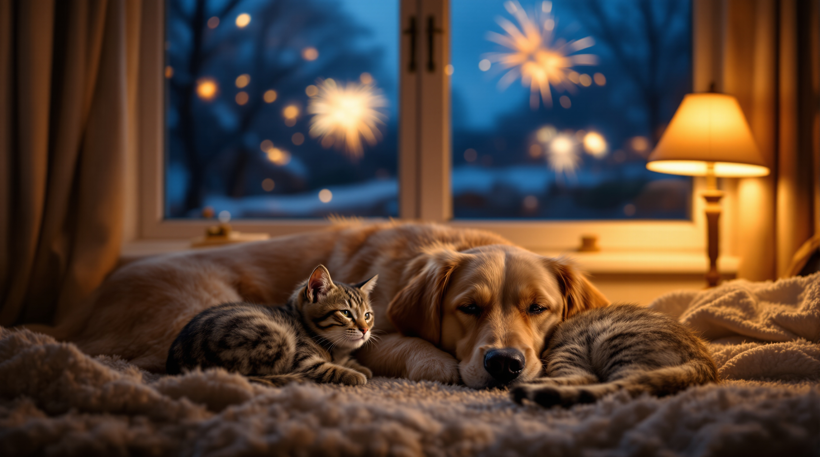 Hond en kat rustig binnen tijdens de jaarwisseling