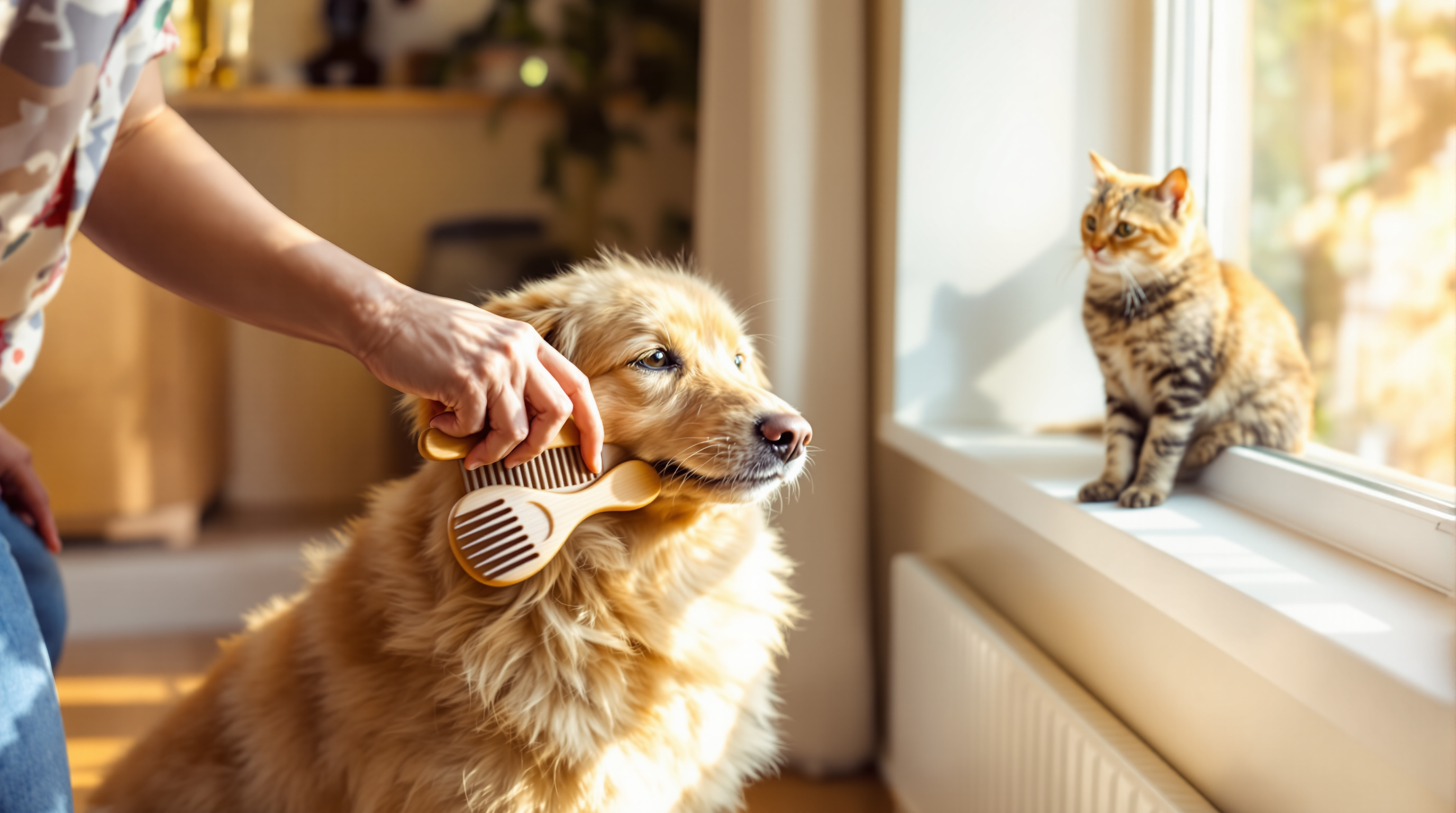 Baasje verzorgt een hond terwijl een kat toekijkt